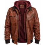 Men’s Brown Hooded Leather Bomber Jacket