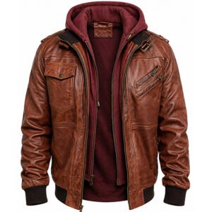 Men’s Brown Hooded Leather Bomber Jacket