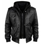 Men’s Black Hooded Leather Bomber Jacket