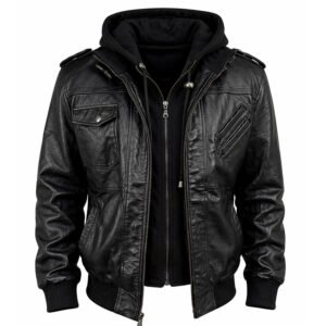 Men’s Black Hooded Leather Bomber Jacket
